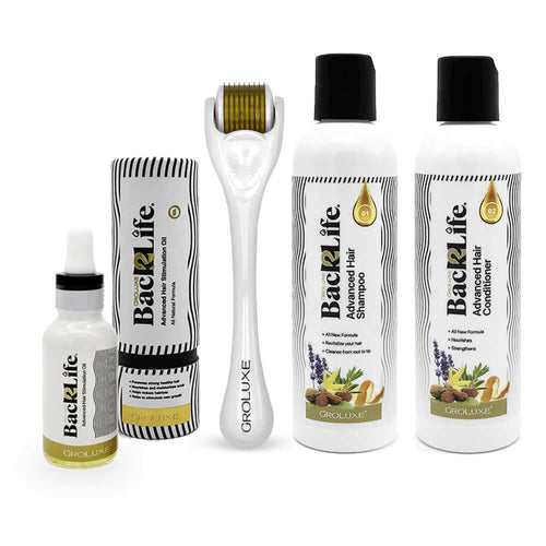 Back2Life Groluxe Advanced Hair Stimulation Oil, Dermaroller, Nourishing Shampoo & Moisturising Conditioner