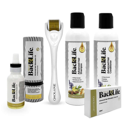 Back2Life Groluxe Advanced Hair Stimulation Oil, Dermaroller, Nourishing Shampoo, Moisturising Conditioner & Travel Roller