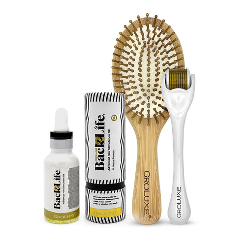 Back2Life Groluxe Advanced Hair Stimulation Oil, Natural Bamboo Hair Brush & Dermaroller